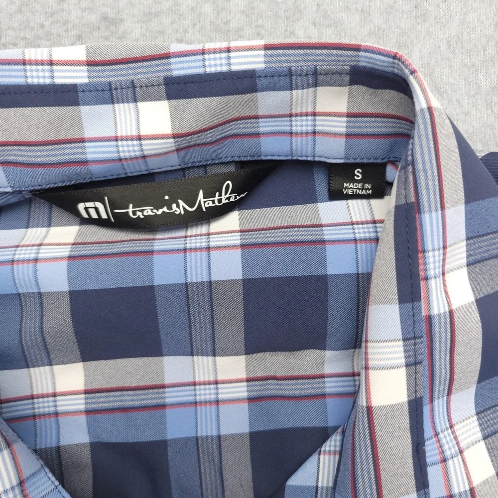 Travis Mathew Shirt Mens S Blue Plaid Short Sleeve Button Up Stretch Casual